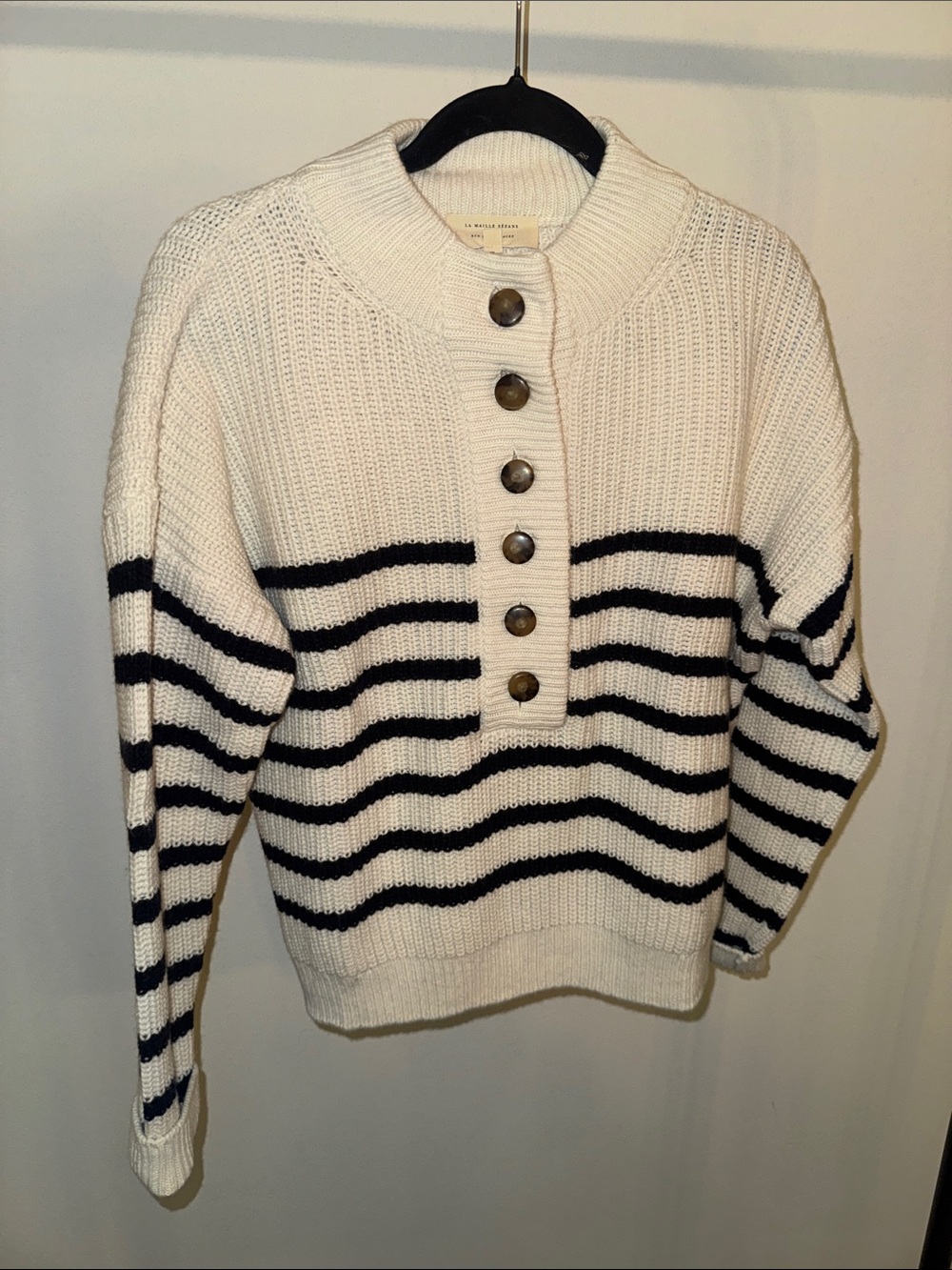 La Maille Sezane Cream Sweater with Black Stripes and Button Placket